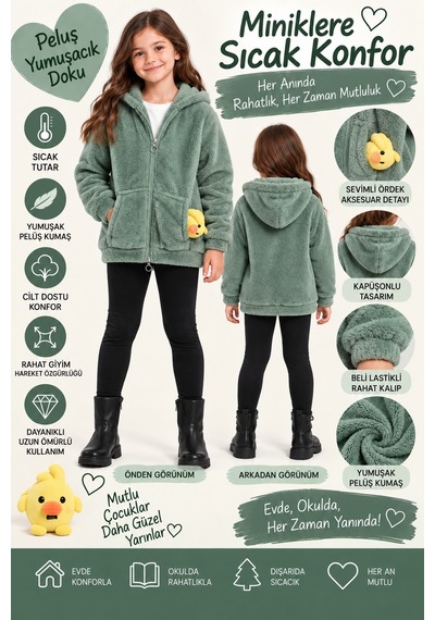 Ahengim Kız Çocuk Kapüşonlu Peluş Mont Fermuarlı Cepli Ördek Aksesuarlı Yumuşak Kışlık Ceket Ak4127 Yeşil Ahengim Kız Çocuk Kapüşonlu Peluş Mont Fermuarlı Cepli Ördek Aksesuarlı Yumuşak Kışlık Ceket Ak4127 Yeşil