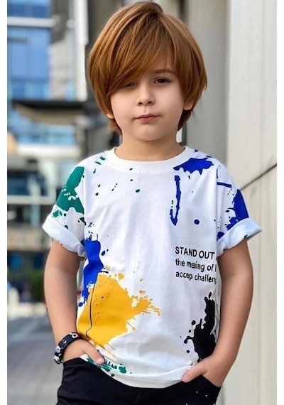 Riccotarz Erkek Çocuk Bisiklet Yaka Üzeri Renki Boya Desenli T-shirt Beli Lastikli Siyah Şortlu Takım Siyah