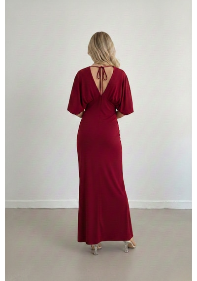 Defymoda Kadın Uzun Yırtmaçlı Modern Kesim Elbise Bordo