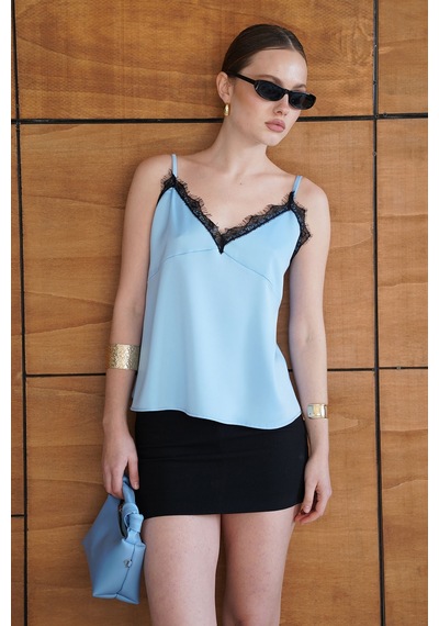 Verymoda Dantel Detaylı Saten Atlet - D2929 Mavi