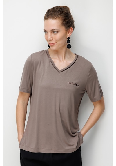 Desen Triko Kadın V Yaka Cebi Saten Şeritli Penye T-shirt 26828 Vizon Vizon
