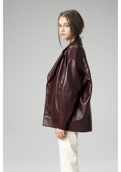 Dericlub Wm019 Oversize Biker Hakiki Deri Kadın Mont Bordo Bordo