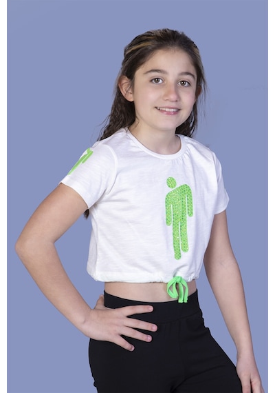 Toontoy Kids Toontoy Kız Çocuk Crop Model Baskılı Taş İşlemeli Tişört Ekru
