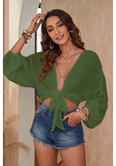 Merry See Angelsin Önden Bağlamalı Salaş Gömlek Pareo Crop Bluz Haki