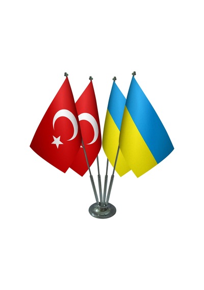 Masa Üstü Ukrayna Bayrağı Türk Bayrağı Dörtlü Krom Direk Masa Bay