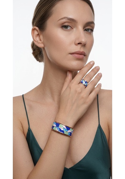 Enamel Bileklik Yüzük Set Blue & Green " Sarı