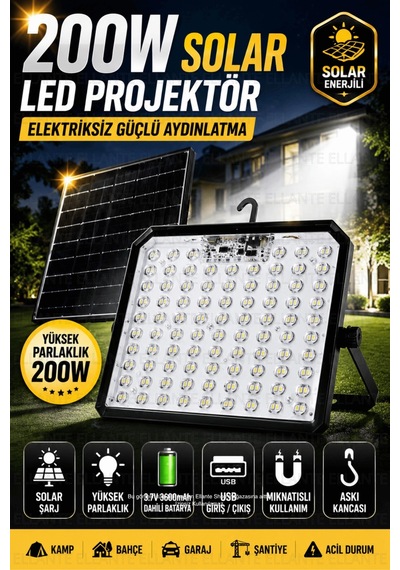 200w Solar Led Projektör Usb Şarjlı Powerbank Özellikli Güneş Enerjili Taşınabilir Kamp Bahçe Garaj