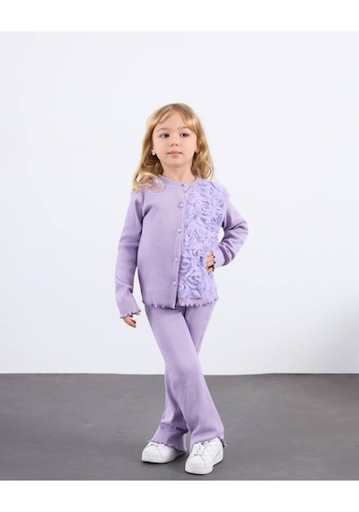 Miniko Kids Kız Çocuk Bayramlık Çiçek Detaylı Kaşkorse Taytlı Takım Lila