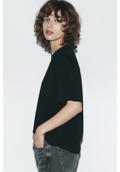Feg Store %65 Pamuk Kadın Oversize Siyah Fit Bisiklet Yaka T-shirt