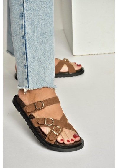 Fox Shoes Y250502502 Taba Süet Tokalı Kadın Terlik Taba