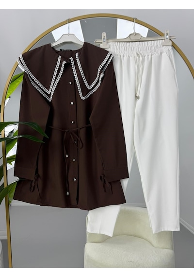 Lovie Moda Vintage Yaka Pantolonlu Takım Kahverengi