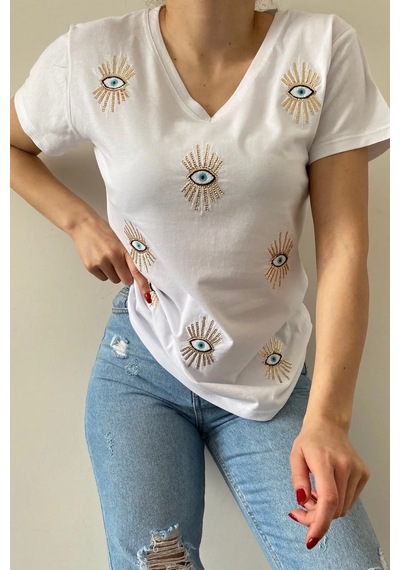 Cassime Kadın Beyaz V Yaka Göz Pul Ve Nakış Işlemeli Tişört S-m-l-xl-2xl-3xl