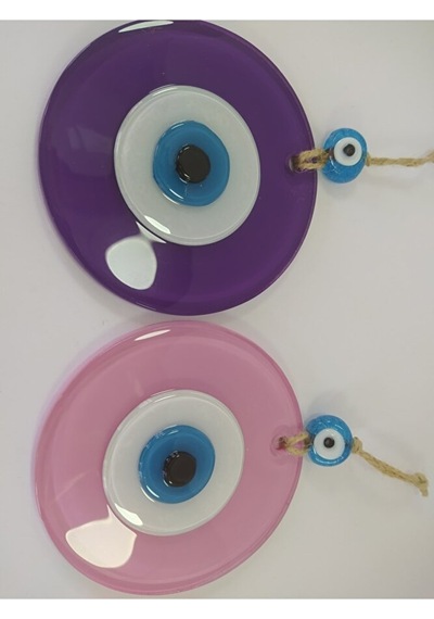 Ikili Set Opak Toz Pembe Ve Mor Nazar Boncuğu 10 Cm El Yapımı Cam
