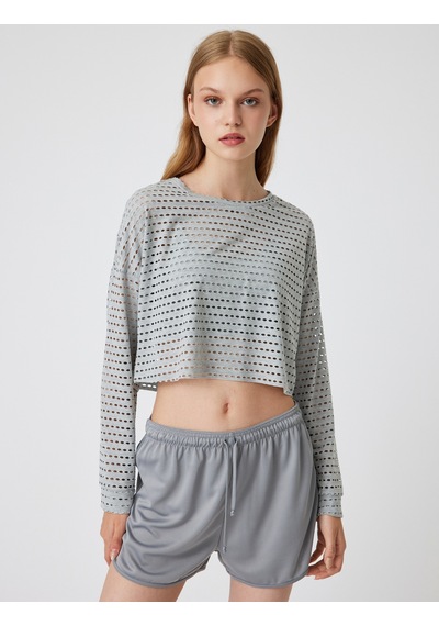 Koton Oversize Crop Spor Tişört Bisiklet Yaka Ajurlu Uzun Kollu Gri 5wak10136nk Gri
