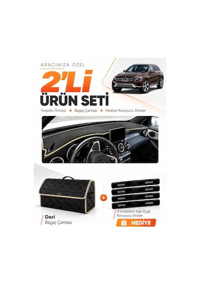 E-biz Mercedes Glc 2015-2020 Uyumlu Torpido Örtüsü + Deri Bagaj Çantası Seti - Siyah-bej - Mb015