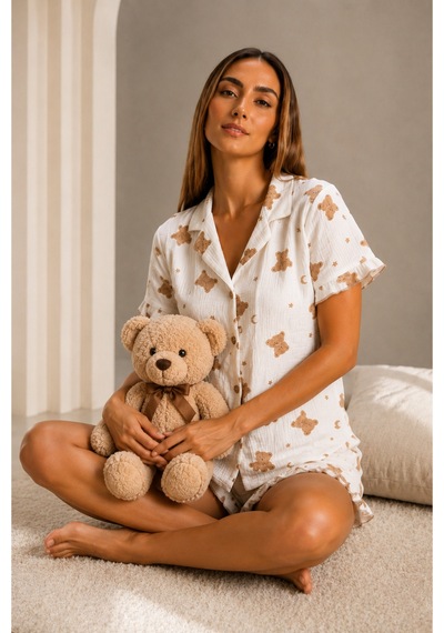 Kadın Günlük Düğmeli V Yaka Kar Beyaz Pijama Takımı