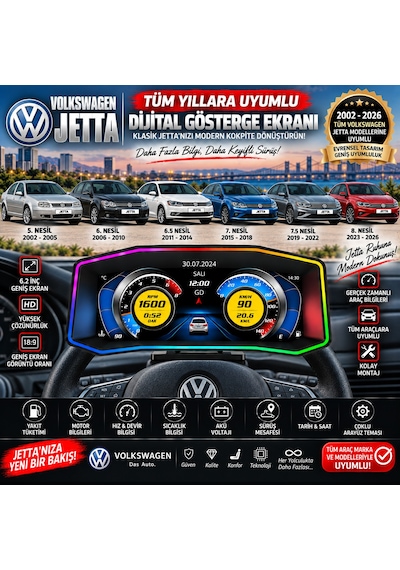 Volkswagen Jetta 2002-2026 Model Uyumlu Harici Digital Gösterge Odb Ekran Arıza Göstergesi Turbo Gösterge Hayalet Ekran