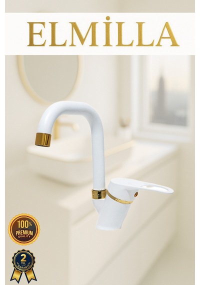 Beyaz Gold Banyo Lavabo Musluğu Bataryası Çeşmesi Köşe Borulu Lüx Tasarım Çif Su Giriş