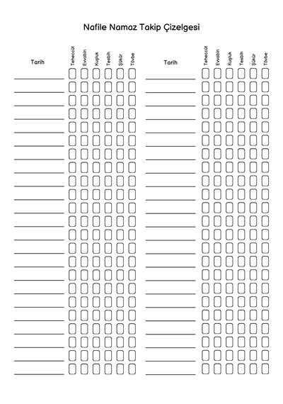 5 Yıllık Nafile Namaz Takip Çizelgesi, Defter Beyaz