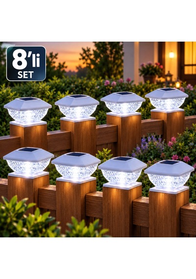 8 Adet Güneş Enerjili Dekoratif Direk Üstü Solar Led Bahçe Ve Teras Aydınlatma Lambası Kristal Tasarımlı Beyaz Işık