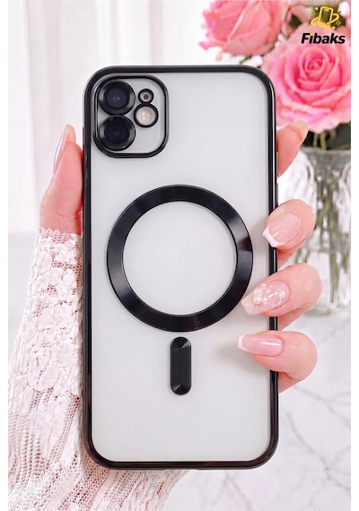Fibaks iPhone 11 Uyumlu Kılıf Kamera Lens Korumalı Magsafe Şarj Kilifi Şeffaf Renkli Yumuşak Kapak Siyah