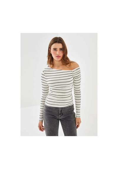 Lc Waikiki Lcw Vision Ekru Kayık Yaka Çizgili Kadın Body