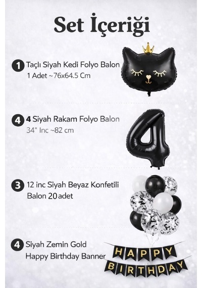 4 Yaş Kedi Temalı Doğum Günü Balon Seti Siyah Konsept Siyah