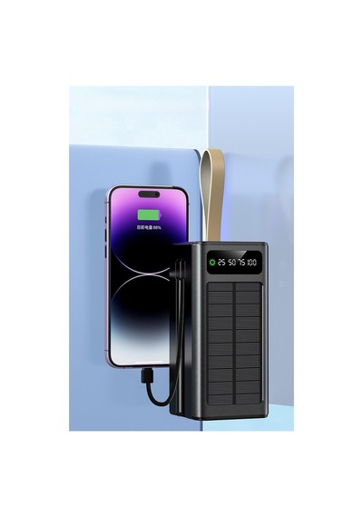 Solar 50.000 Mah Güneş Enerjili Led Işıklı Powerbank Şarj Aleti 2x Usb Çıkışlı Mikro Type-c Siyah