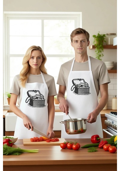 Erkek Unisex Mutfak Önlüğü Vintage İlaç Seti Line Art Baskılı Aşç Beyaz