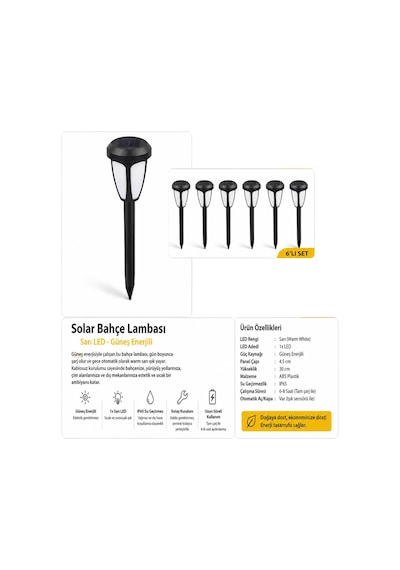 6'lı Solar Bahçe Lambası Sarı Led Güneş Enerjili Yol Ve Peyzaj Aydınlatması 30 Cm Beyaz Işık