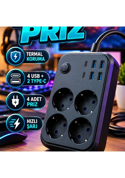 Termal Korumalı Çoklu Uzatma Prizi 4 Priz, 4 Usb Ve 2 Type-c Hızlı Şarj Diğer