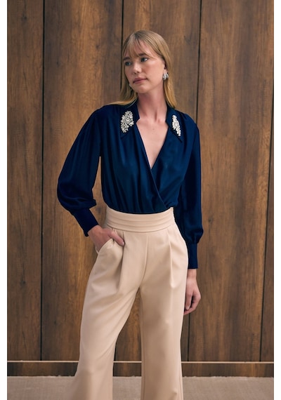 Sateen Aksesuar Detaylı Bodysuit Bluz - Lacivert-136194 Lacivert