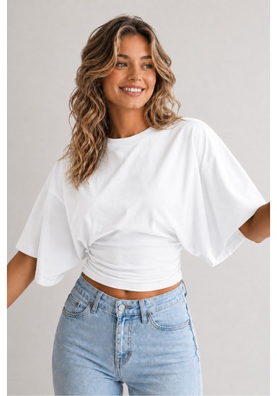 Overmax Bele Oturan Oversize Kollu Premium Crop Bluz Beyaz - 880759104 Beyaz