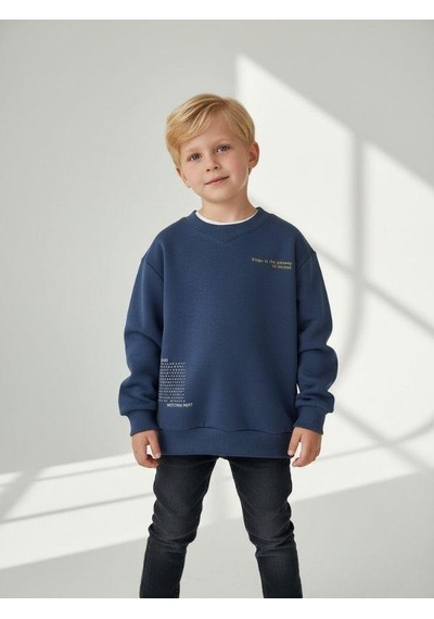 Zekids Erkek Çocuk Pamuklu V Yaka Baskılı Sweatshirt-16702 Indigo