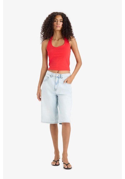 DeFacto Fit Dar Kesim Crop Halter Yaka Kırmızı Bluz F6279AX25SMRD51