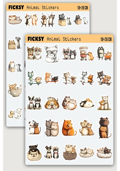 Sevimli Kedi Ve Köpek Sticker Seti - 50 Adet Etiket Çıkartma Diğer
