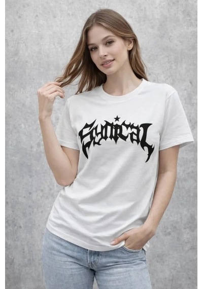 De'charme Bisiklet Yaka Ön Baskılı Kısa Kollu Tişört Streetwear Günlük Basic Pamuklu T-shirt - Beyaz