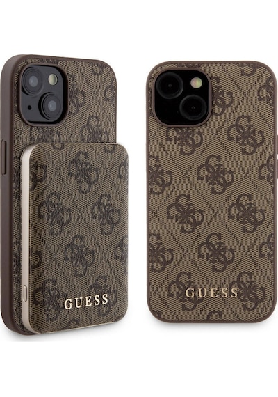 Apple Uyumlu iPhone 14 Kılıf Guess Lisanslı Magsafe Özellikli Kapak + Powerbank 5000mah Kahverengi