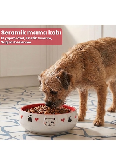 Lüks Seramik Mama Kabı Pati Kedi Köpek Kalp Desen Kabartmalı Doğal Renkli Kedi Ve Köpek Yemek Su Kasesi, Devrilmez Premium Dekoratif Porselen Yapı 1 Adet Tekli Kırmızı