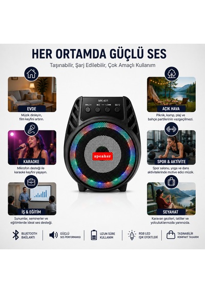 Mikrofon Girişi İle Karaoke Keyfi Usb, Tf Kart Ve Aux Desteği Bluetooth Hoparlör