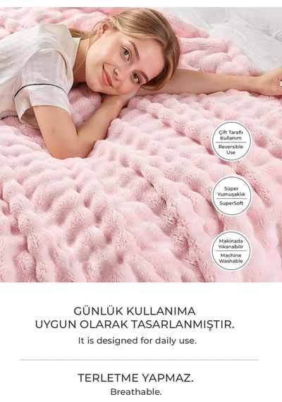 Kürk Bubble Battaniye Seti Çift Kişilik Peluş Tavşan Tüyü 3 Parça Yumuşak 220x240 Cm Pudra