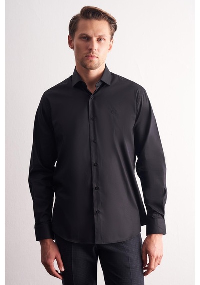 İmza Siyah Yarım İtalyan Yaka Uzun Kol Premium Slim Fit Pamuklu Gömlek 1004255198 Siyah