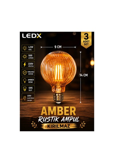 3 Adet G95 Rustik Led Ampul 4,5w Amber E27 ,balon Kırılmaz Gövde,500 Lümen,dekoratif Vintage Edison Glop Ampul 220v, Enerji Tasarruflu Uzun Ömürlü Led Lamba Seti
