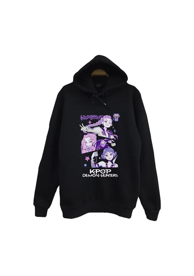 K-pop Demon Hunters Baskılı Unisex %100 Pamuk Kapüşonlu Siyah Sweatshirt Siyah
