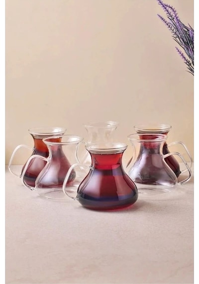 Ehl-i Keyf 6 Lı Borosilikat Cam Çay Bardağı Seti Kulplu Çay Takımı 200 Ml Şeffaf