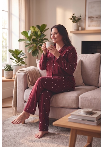 Seboteks Süet Kumaş Önden Düğmeli Büyük Beden Kadın Pijama Takımı 2800 Bordo