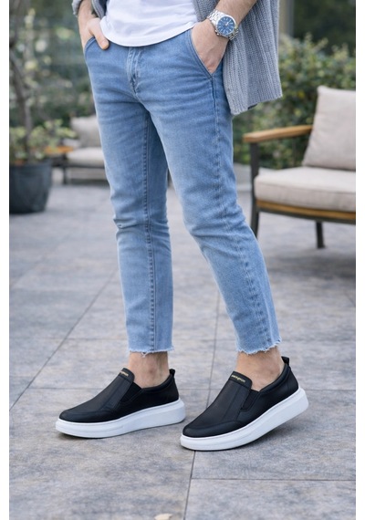 Mevese Eseenti Bağcıksız Erkek Günlük Cilt Spor Sneaker Ayakkabı - Siyah