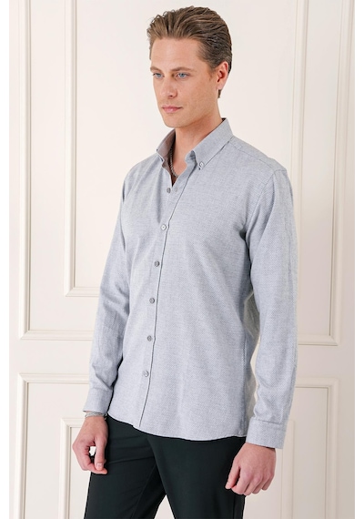 Efor Slim Fit Düğmeli Yaka Dokulu %100 Pamuk Klasik Açık Gri Gömlek Gk 724 Gri