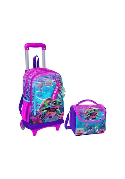 Coral High Pembe Mor Kaplumbağa Işıklı Tekerlekli Okul Çantası ve Beslenme Seti - Kız Çocuk