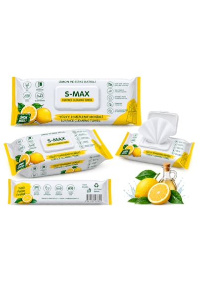S-max Limon Kokulu Yüzey Temizleme Havlusu Büyük Boy 12 Paket 12x102 'li Beyaz Dokulu